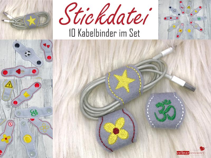 10 Stickdateien im Set Kabelbinder / Kabelhalter / mobiler Aufhänger für den 10x10 cm Stickrahmen S068